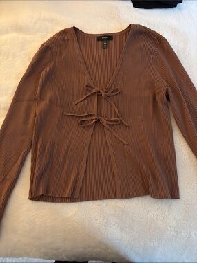 Aqua Ribbed Tie-Front Cardigan in Brown